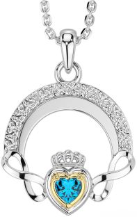 Topaz White Yellow Gold Claddagh Celtic Trinity Knot Infinity Necklace