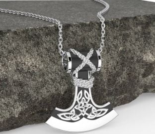 White Gold Black Rhodium Celtic Warrior Axe Necklace