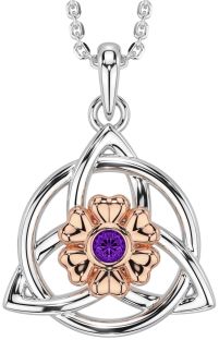 Amethyst Rose Gold Silver Celtic Trinity Knot Irish Flower Necklace