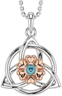 Aquamarine Rose Gold Silver Celtic Trinity Knot Irish Flower Necklace