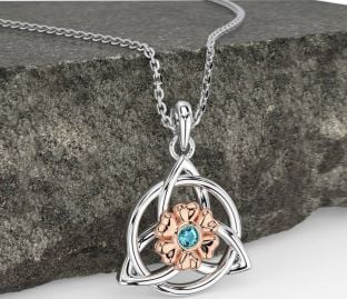 Aquamarine Rose Gold Silver Celtic Trinity Knot Irish Flower Necklace
