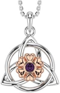 Alexandrite Rose Gold Silver Celtic Trinity Knot Irish Flower Necklace