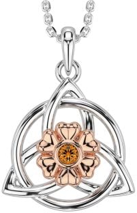 Citrine Rose Gold Silver Celtic Trinity Knot Irish Flower Necklace