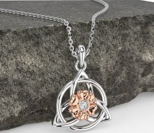Diamond Rose Gold Silver Celtic Trinity Knot Irish Flower Necklace