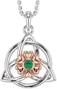 Emerald Rose Gold Silver Celtic Trinity Knot Irish Flower Necklace