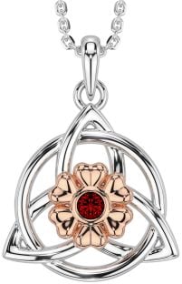 Garnet Rose Gold Silver Celtic Trinity Knot Irish Flower Necklace