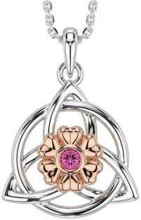 Pink Tourmaline Rose Gold Silver Celtic Trinity Knot Irish Flower Necklace