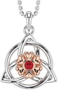 Ruby Rose Gold Silver Celtic Trinity Knot Irish Flower Necklace