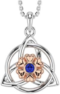 Sapphire Rose Gold Silver Celtic Trinity Knot Irish Flower Necklace