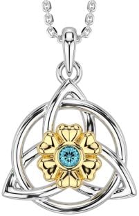 Aquamarine Gold Silver Celtic Trinity Knot Irish Flower Necklace