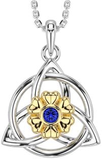 Sapphire Gold Silver Celtic Trinity Knot Irish Flower Necklace