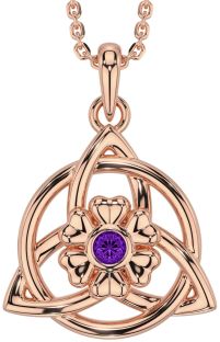 Amethyst Rose Gold Silver Celtic Trinity Knot Irish Flower Necklace