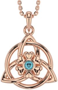 Aquamarine Rose Gold Silver Celtic Trinity Knot Irish Flower Necklace