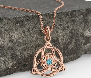 Aquamarine Rose Gold Silver Celtic Trinity Knot Irish Flower Necklace