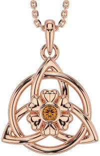 Citrine Rose Gold Silver Celtic Trinity Knot Irish Flower Necklace