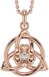 Diamond Rose Gold Silver Celtic Trinity Knot Irish Flower Necklace