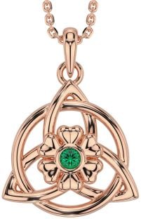 Emerald Rose Gold Silver Celtic Trinity Knot Irish Flower Necklace