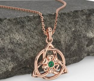 Emerald Rose Gold Silver Celtic Trinity Knot Irish Flower Necklace