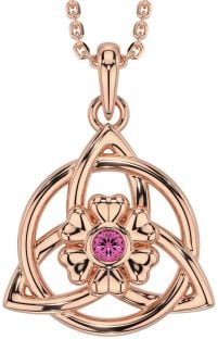 Pink Tourmaline Rose Gold Silver Celtic Trinity Knot Irish Flower Necklace