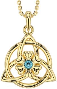 Aquamarine Gold Silver Celtic Trinity Knot Irish Flower Necklace