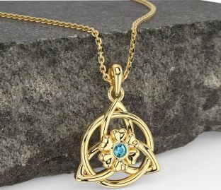 Aquamarine Gold Silver Celtic Trinity Knot Irish Flower Necklace
