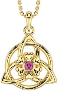 Pink Tourmaline Gold Silver Celtic Trinity Knot Irish Flower Necklace