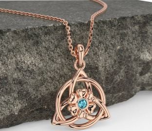 Aquamarine Rose Gold Celtic Trinity Knot Irish Flower Necklace