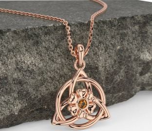 Citrine Rose Gold Celtic Trinity Knot Irish Flower Necklace