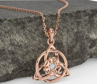 Diamond Rose Gold Celtic Trinity Knot Irish Flower Necklace