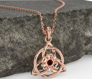 Garnet Rose Gold Celtic Trinity Knot Irish Flower Necklace
