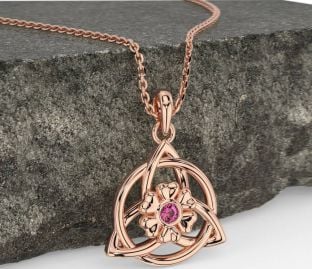 Pink Tourmaline Rose Gold Celtic Trinity Knot Irish Flower Necklace