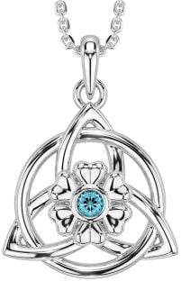 Aquamarine Silver Celtic Trinity Knot Irish Flower Necklace