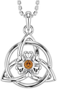 Citrine Silver Celtic Trinity Knot Irish Flower Necklace