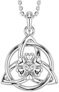 Diamond Silver Celtic Trinity Knot Irish Flower Necklace