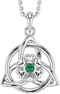 Emerald Silver Celtic Trinity Knot Irish Flower Necklace