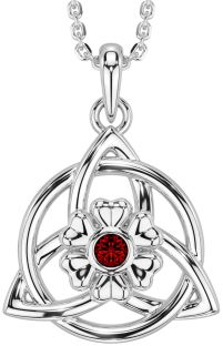 Garnet Silver Celtic Trinity Knot Irish Flower Necklace