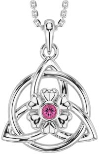 Pink Tourmaline Silver Celtic Trinity Knot Irish Flower Necklace