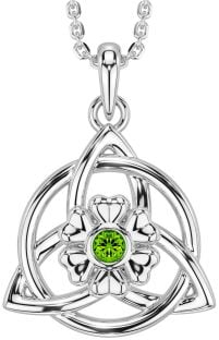 Peridot Silver Celtic Trinity Knot Irish Flower Necklace