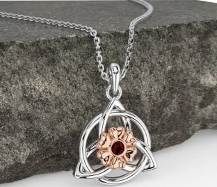 Garnet Rose Gold Silver Celtic Trinity Knot Irish Flower Necklace