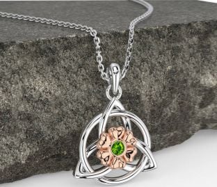 Peridot Rose Gull Sølv Celtic Treenighet Knute irsk Blomst Halskjede