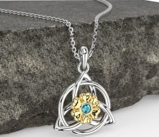 Aquamarine Gold Silver Celtic Trinity Knot Irish Flower Necklace