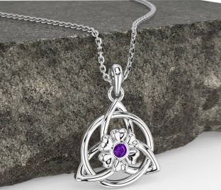 Amethyst White Gold Celtic Trinity Knot Irish Flower Necklace