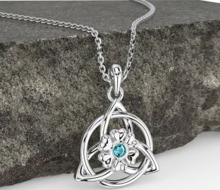Aquamarine White Gold Celtic Trinity Knot Irish Flower Necklace