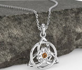 Citrine White Gold Celtic Trinity Knot Irish Flower Necklace