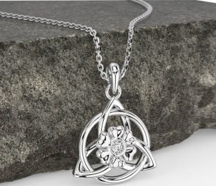Diamond White Gold Celtic Trinity Knot Irish Flower Necklace