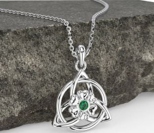 Emerald White Gold Celtic Trinity Knot Irish Flower Necklace