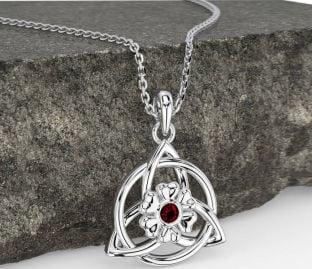 Garnet White Gold Celtic Trinity Knot Irish Flower Necklace