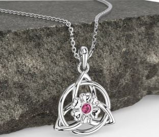 Pink Tourmaline White Gold Celtic Trinity Knot Irish Flower Necklace