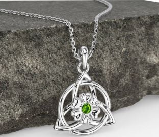 Peridot Beyaz Altın Kelt Üçlü Düğüm İrlandalı Çiçek Kolye
