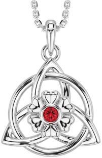 Ruby White Gold Celtic Trinity Knot Irish Flower Necklace